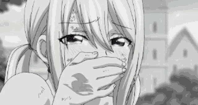 a black and white drawing of a girl crying and covering her mouth with her hand .