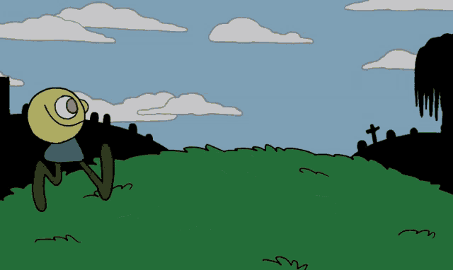 a cartoon character is standing in a grassy field