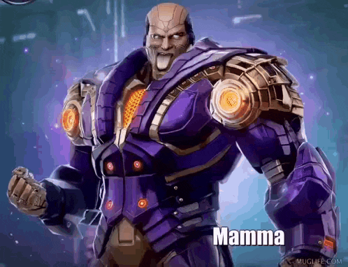 a man in a purple suit with mamma written on the bottom