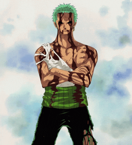 a man with green hair is standing with his arms crossed and blood on his face