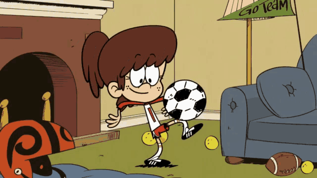 a cartoon of a girl kicking a soccer ball with a banner that says go team