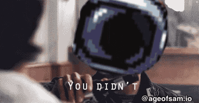a pixel art of a person holding a helmet with the words you did n't