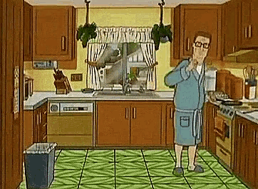 a cartoon of a man in a bathrobe standing in a kitchen next to a trash can
