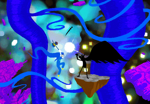 a cartoon drawing of a man fighting a demon
