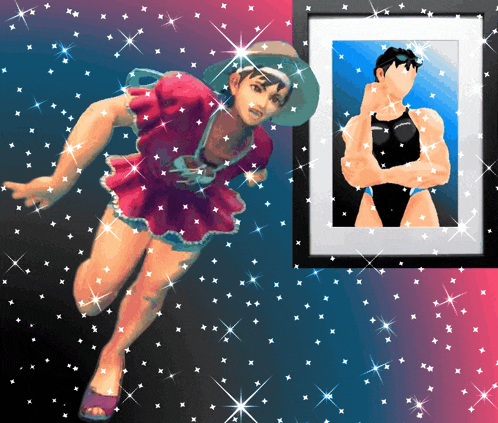 a picture of a woman in a pink dress and a picture of a man in a black swimsuit