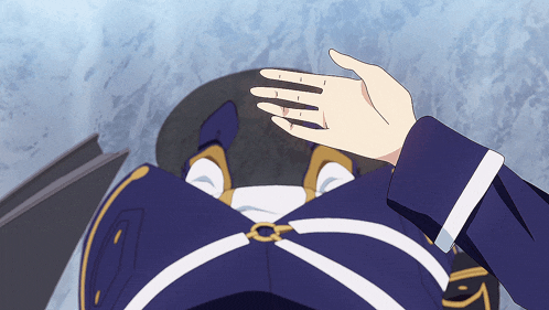 a hand is reaching out towards a person in a blue and white uniform