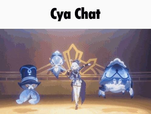 a video game character is dancing with a caption that says " cya chat "