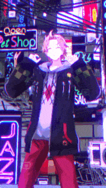 a cartoon character stands in front of a neon sign that says open pet shop