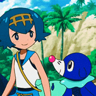a girl with blue hair is standing next to a blue animal