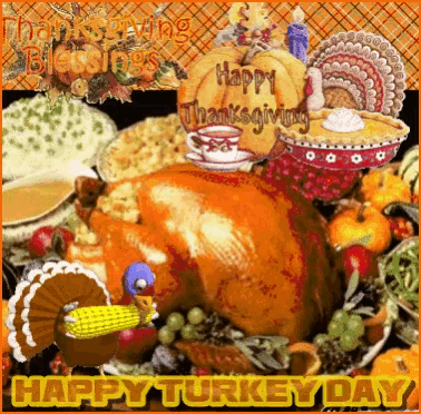 a happy turkey day greeting card with a turkey surrounded by fruit and vegetables