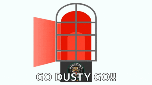 a sign that says go dusty go with a red door in the background