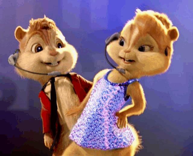 a couple of chipmunks standing next to each other wearing headsets