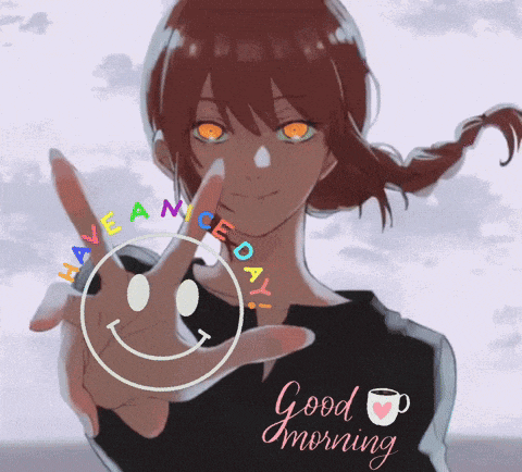 a girl with orange eyes is holding a smiley face in her hand with the words good morning written on it
