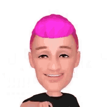 a cartoon of a man with pink hair pointing at the camera .