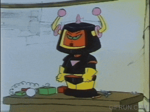 a cartoon character is standing on a table with a gifrun.com logo in the corner