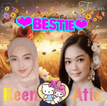 a picture of two girls with the words " besties " on the top