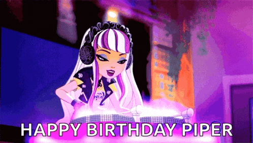 a cartoon of a girl playing a dj set with the words happy birthday piper above her