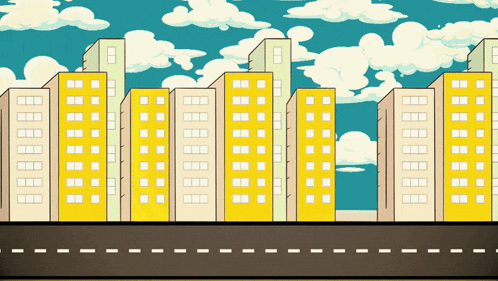 a cartoon drawing of a city with buildings and a road in the foreground