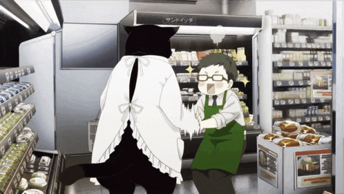 a man in an apron shakes hands with a black cat
