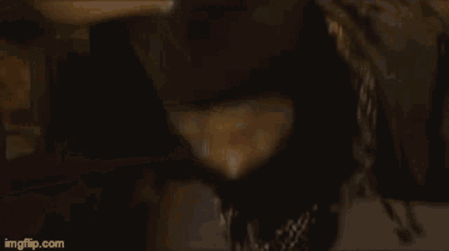 a close up of a person 's face in a dark room with a blurred background .