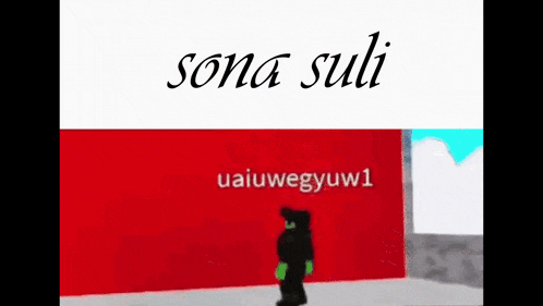 a cartoon character is standing in front of a red wall with the words sona suli written on it .