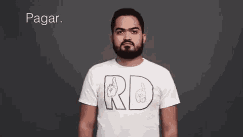a man with a beard wearing a white t-shirt that says rd on it