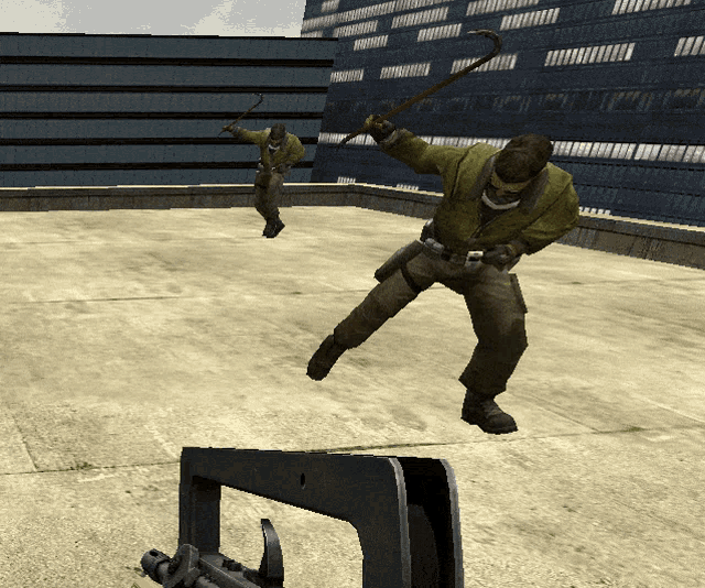 a man in a green jacket is holding a cane and a hammer