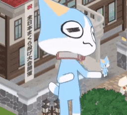 a cartoon cat is standing in front of a building with chinese writing