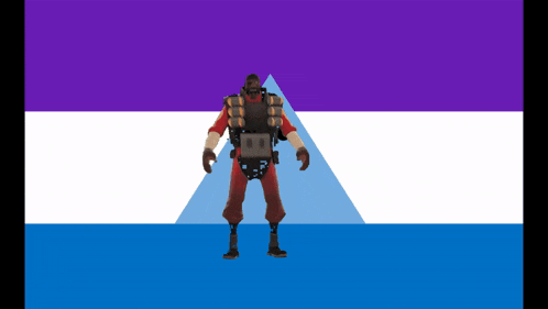 a man in a gas mask is standing in front of a purple and blue flag