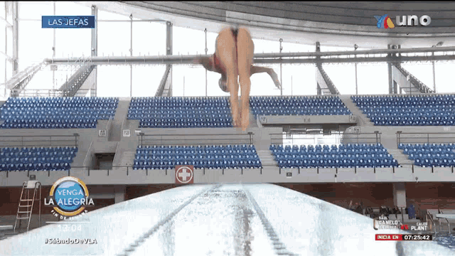 a woman is jumping into a swimming pool on a tv screen that says venga la alegria