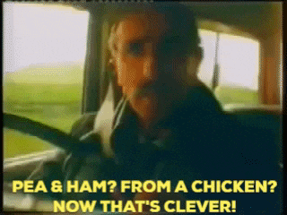 a man in a car says pea and ham from a chicken