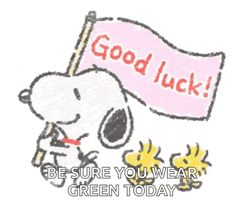 a cartoon of snoopy and woodstock holding a flag that says " good luck "