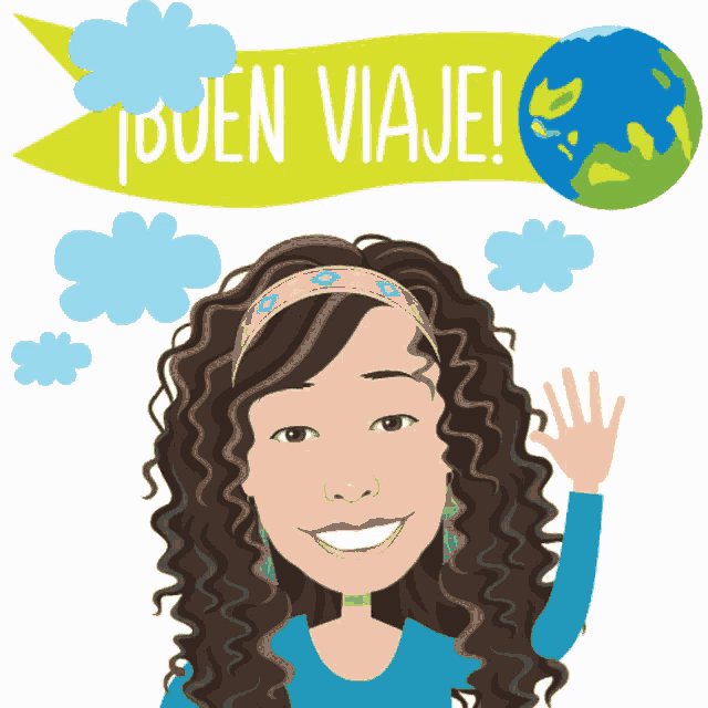 a cartoon of a woman with a banner that says buen viaje on it
