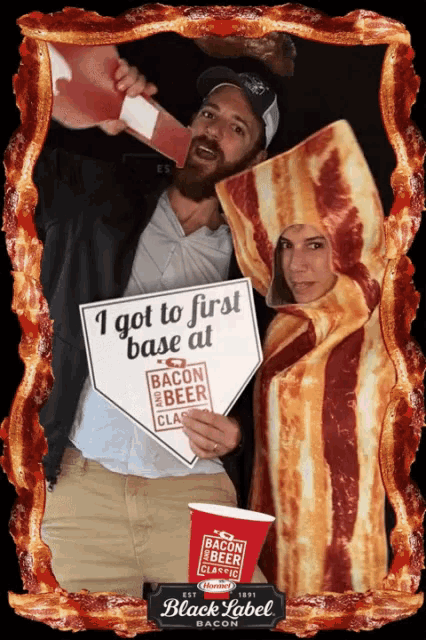 a man and a woman in bacon costumes holding a sign that says i got to first base at bacon beer class