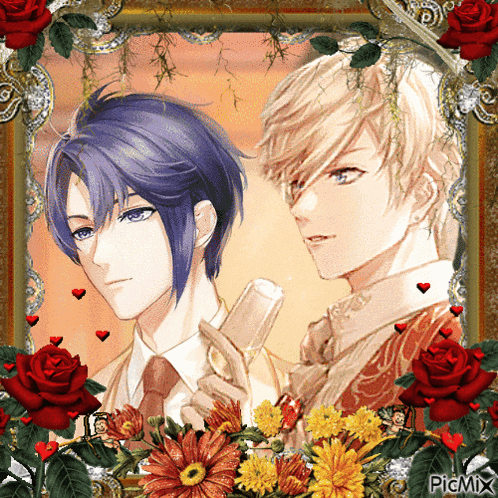 a picture of two anime characters is surrounded by red roses and has the watermark picmix