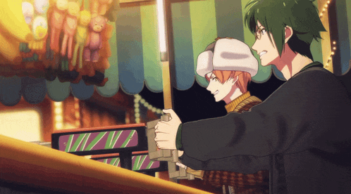 two anime characters are playing a game at an amusement park and one of them is wearing a hat