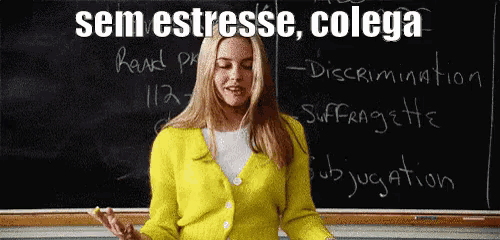a woman in a yellow jacket is standing in front of a blackboard that says " sem estresse colega "