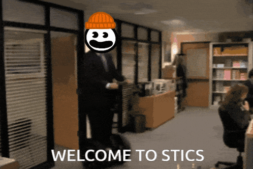 a man in a suit is pushing a suitcase with the words welcome to stics on the bottom