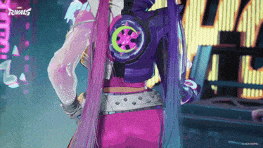 a woman with purple hair is standing in front of a rivals sign