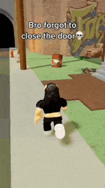 a person is running down a sidewalk in a video game with the words `` bro forgot to close the door '' .