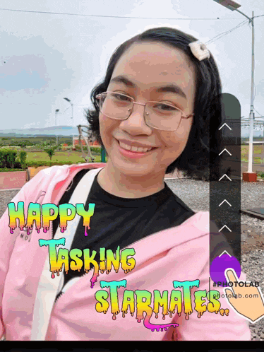 a picture of a girl with the words happy tasking starmates written on it