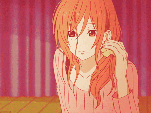 a drawing of a girl with long orange hair and a pink background