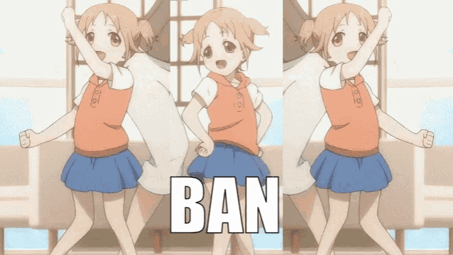 a girl in an orange shirt and blue skirt is dancing with the word ban behind her