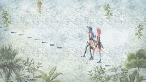 a drawing of a girl with blue hair and a girl with brown hair