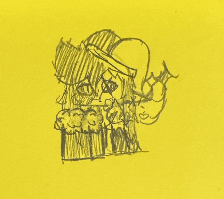 a yellow background with a drawing of a person with a hat