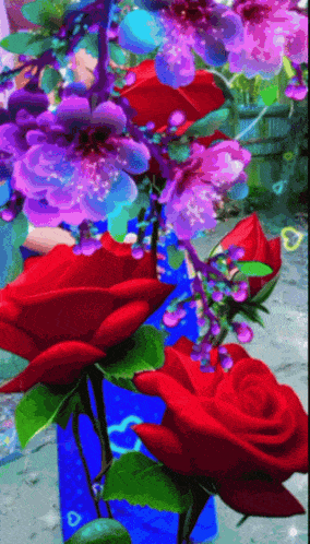 a painting of red roses and purple flowers on a blue background