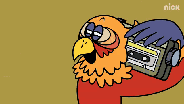 a cartoon of a bird holding a tape recorder with the nick logo on the bottom right