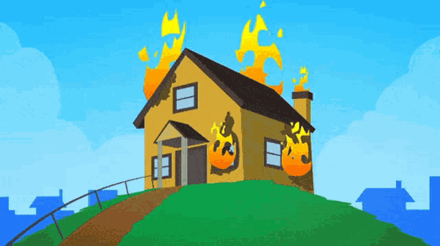 a cartoon drawing of a house that is burning