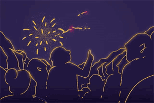 a drawing of a crowd of people watching fireworks with the word happy written in the sky