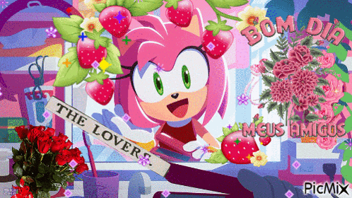 a cartoon of amy the hedgehog holding a sign that says " the lovers "